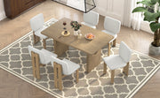 TREXM 7-Piece Retro Dining Table Set for 6, 60' Wood Dining Table Set for 6 with Upholstered Chairs and Designed Trestle Base for kitchen & Dining Room (Natural Wood Wash)