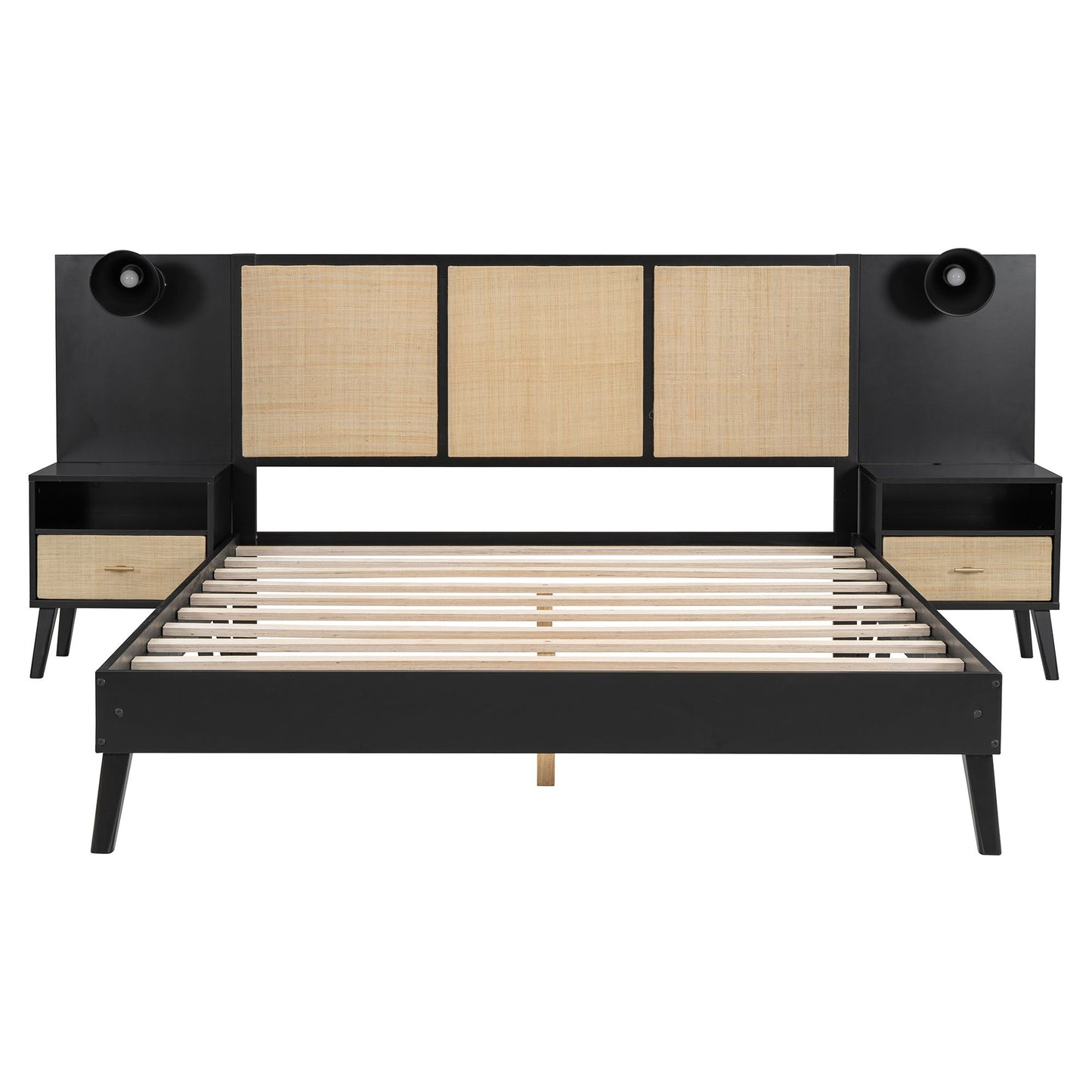 Bed Frame With 2 Nightstands Elegant Design With Lamps