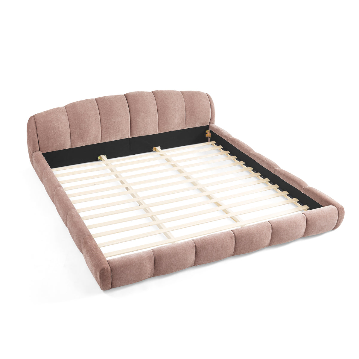 King Size Elegant Chenille Upholstered Platform Bed Frame, Thick Curved Headboard & Wrapped Footboard, Low Profile Floor Bed, No Box Spring Required, Easy Assembly, Pink