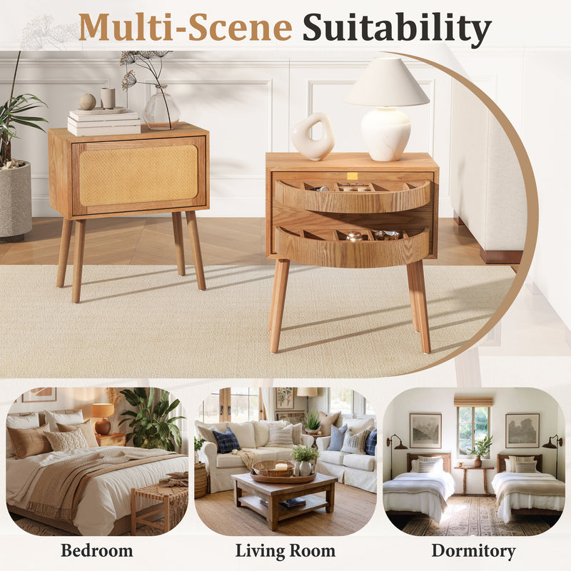 Rotating Hidden Compartment Nightstands, Mid Century Modern Concealment Furniture, Rattan Bed Side Table, Compartment End Table with Wood Legs, Bedside Tables for Bedroom, Living Room, Dorm, Natural