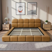 Roswell Luxurious King Size Platform Bed with Biscuit-Tufted Vegan Leather Headboard in Tan, Durable Material, 95.1 x 95.5 x 39.2 Inches