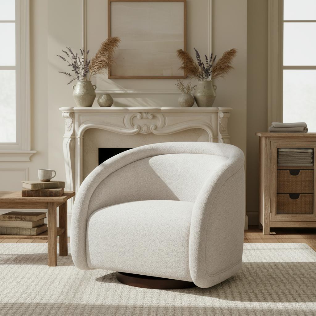Sabbo Beige Bouclé Swivel Chair with Walnut-Finished Solid Wood Base