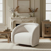 Sabbo Beige Bouclé Swivel Chair with Walnut-Finished Solid Wood Base