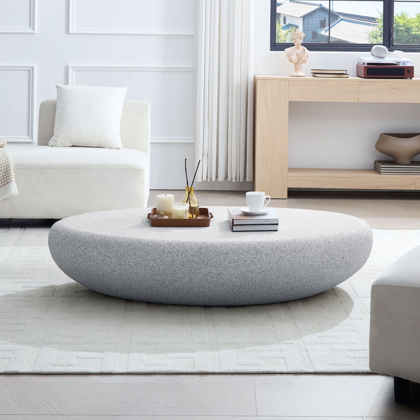 53.35''Fiberglass Elliptical Coffee Table for Living Room Vintage Table,Matte Rocks Table front of the Sofa, Irregular Center Table,No Need Assembly