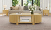 Round Fluted Side Table with Storage for Living Room, Rubber Solid Wood, Soft-close Door, Natural, 19.6'