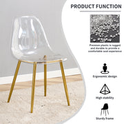 Table and chair set.Modern circular transparent tempered glass table, tempered glass tabletop, golden metal table legs.A Set of  6 Transparent Plastic Chairs with gold legs.