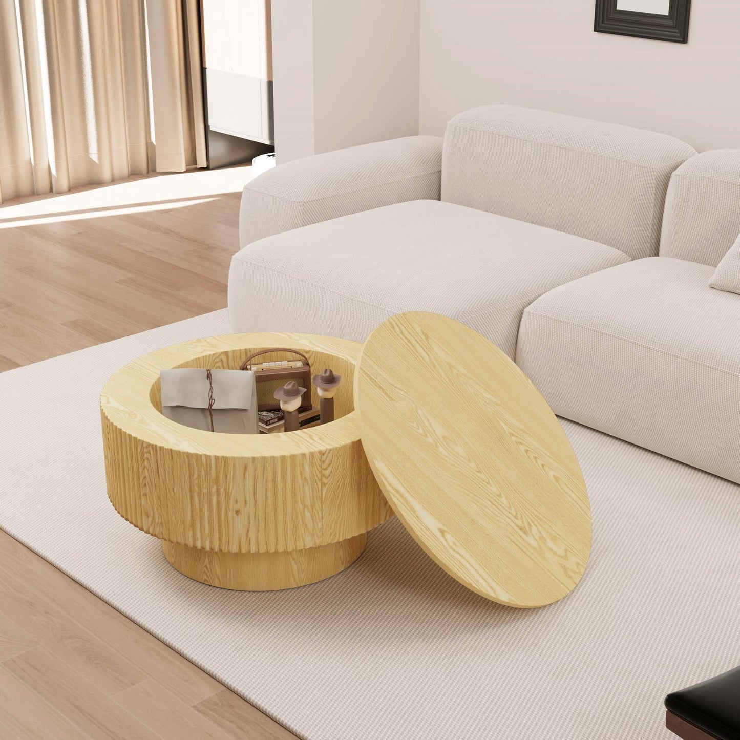 Round Coffee Table With 2 Dining Chairs Set, Ring Striped Design - Beige / Wood