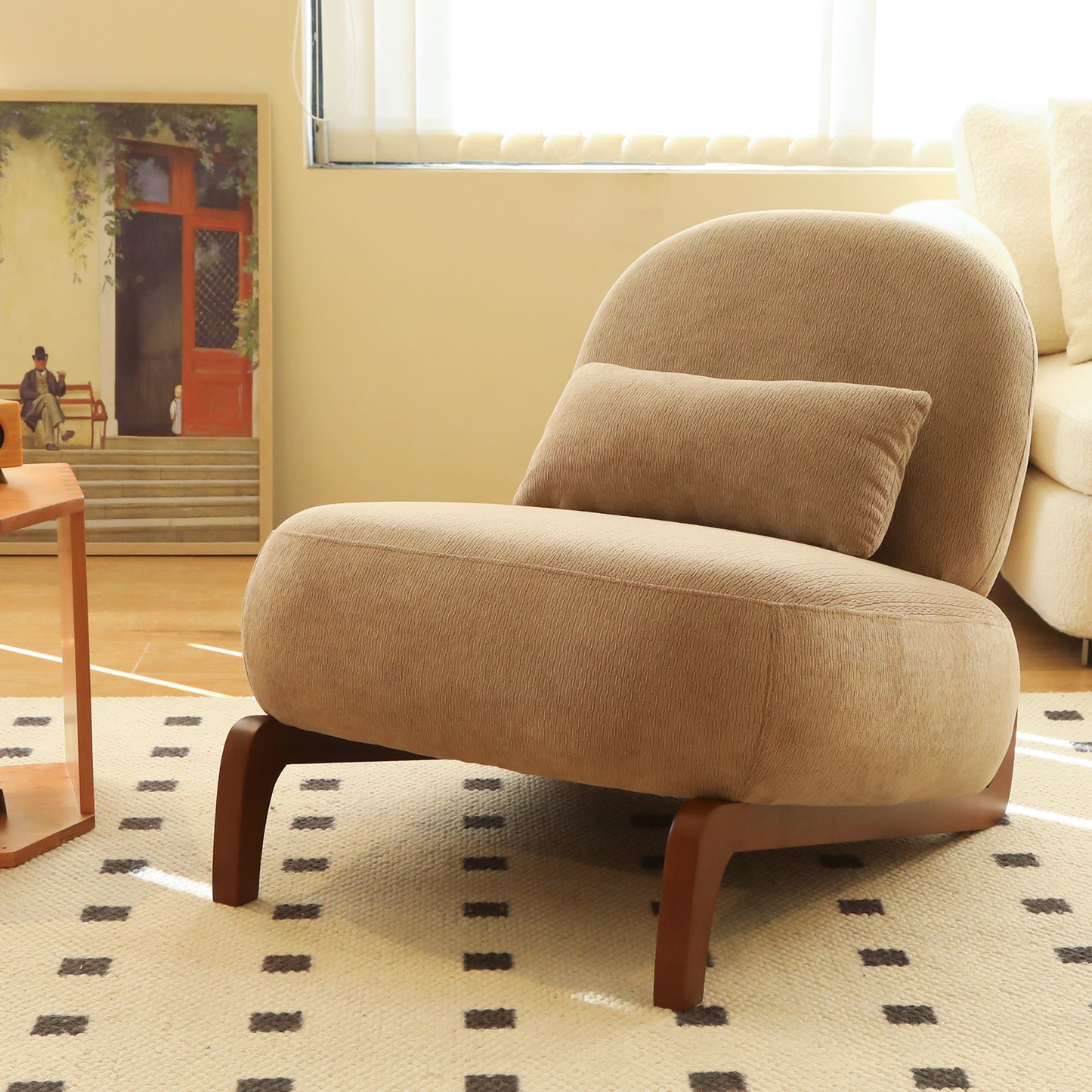 Cute Accent Chair with Solid Wood Legs, Living Room Chair with Soft Fabric Cushion, Cozy Bedroom Chair, Comfy Armless Reading Chair for Apartment, Waiting Room, Balcony (Camel)