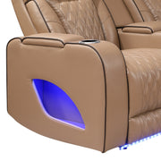 Fortuner Power Recliner Sectional Sofa with Power Headrests, Console Loveseats, Wedge, LED Light Strip, Speakers, Cup Holders & Storage Arms-Caramel