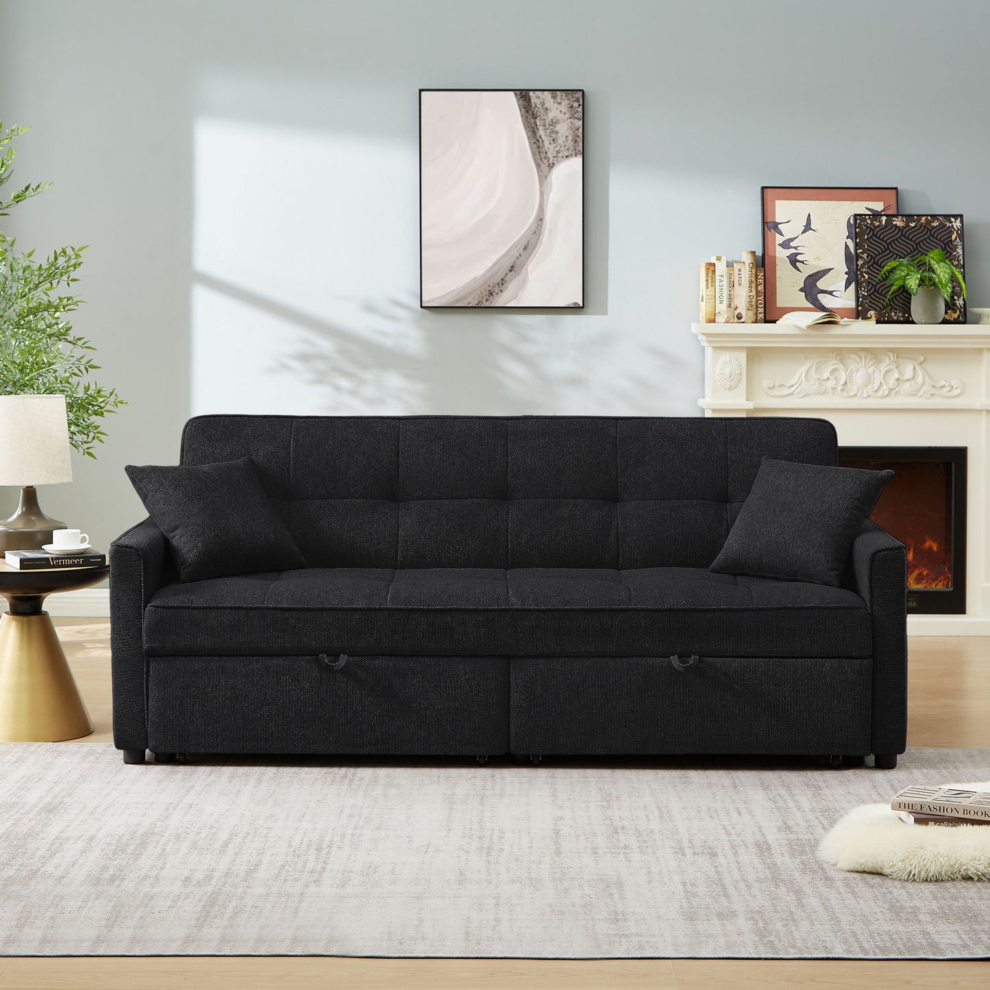 3 In 1 Convertible Sleeper Sofa Bed, Reclining Backrest, Pillows, Pockets