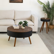 31.5-inch round coffee table with storage function, featuring an engraved tabletop, is an ideal beverage table for small spaces, serving as a modern-style accent side table suitable for living rooms,