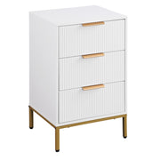 Nightstand with 3 Drawers,Mid-Century Modern End Table,Bedside Table, Gold Metal Legs,Gold Metal Handles,Wavy Drawer PanelsEnd Table for Bedroom White