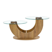 Creative U-Shaped Double-Tier Glass Coffee Table with Wood-Grain MDF Base: A Modern, Minimalist Living Room Side Table with Adjustable Height.