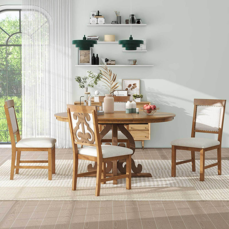 TREXM 5-Piece Retro Functional Dining Set, 1 Extendable Table with a 16-inch Leaf and 4 Upholstered Chairs for Dining Room and Kitchen (Walnut)