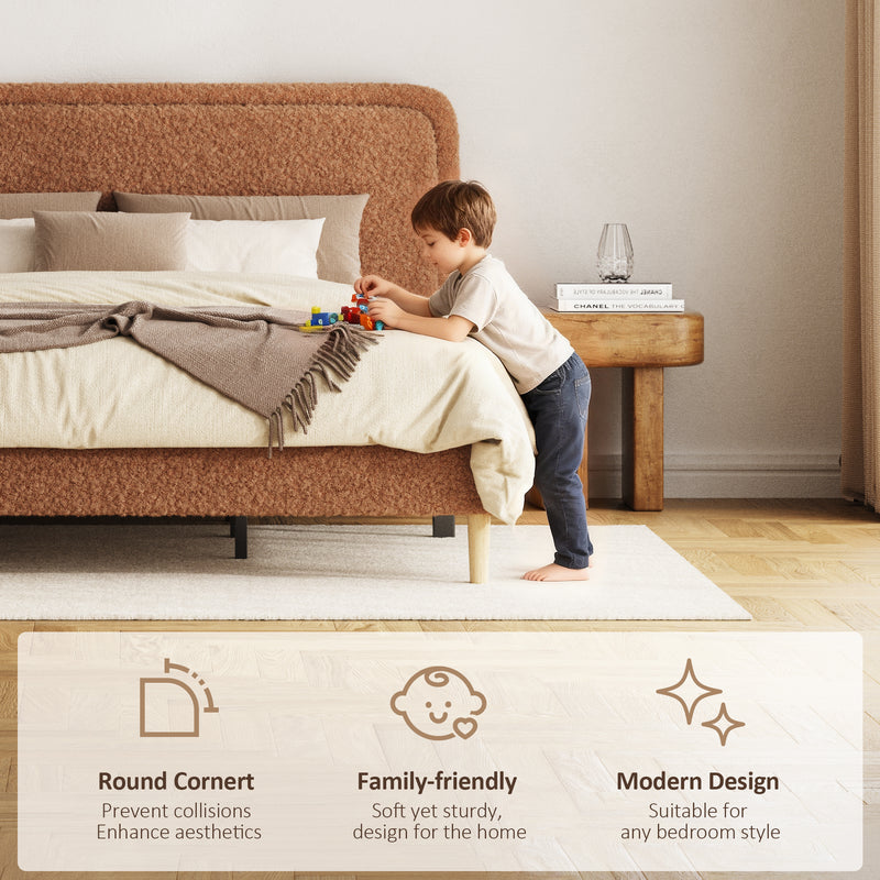 Queen Bed frame, Plush Upholstered Platform Bed with Height-Adjustable Headboard, Sturdy Frame and Alats, Quiet Design, No-Spring Mattress Compatible, Easy to Assemble, Brown