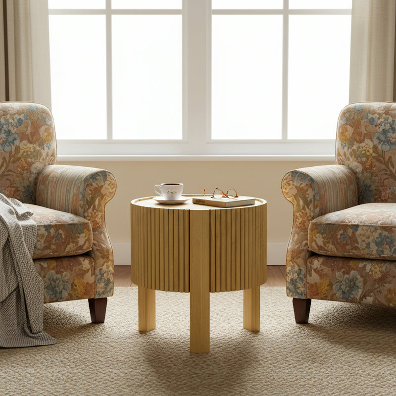 Round Fluted Side Table with Storage for Living Room, Rubber Solid Wood, Soft-close Door, Natural, 19.6'