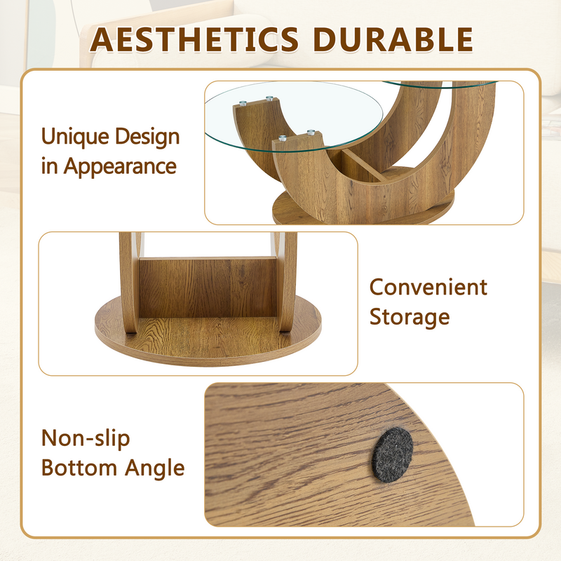 Creative U-Shaped Double-Tier Glass Coffee Table with Wood-Grain MDF Base: A Modern, Minimalist Living Room Side Table with Adjustable Height.