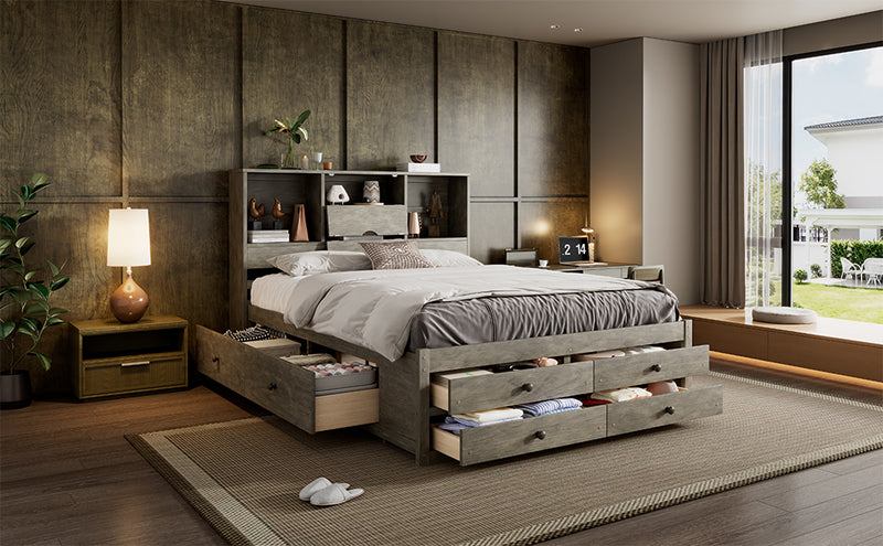 Queen Size Platform Bed with Storage Headboard and 8 Drawers, Gray