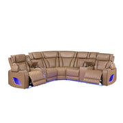 Fortuner Power Recliner Sectional Sofa with Power Headrests, Console Loveseats, Wedge, LED Light Strip, Speakers, Cup Holders & Storage Arms-Caramel