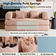Convertible Sleeper Sofa Bed with Cylindrical Pillow, Corduroy Folding Mattress Couch with Fixed-Shape Frame, Floor Sofa Lounge Couch for Living Room Bedroom (Pink)
