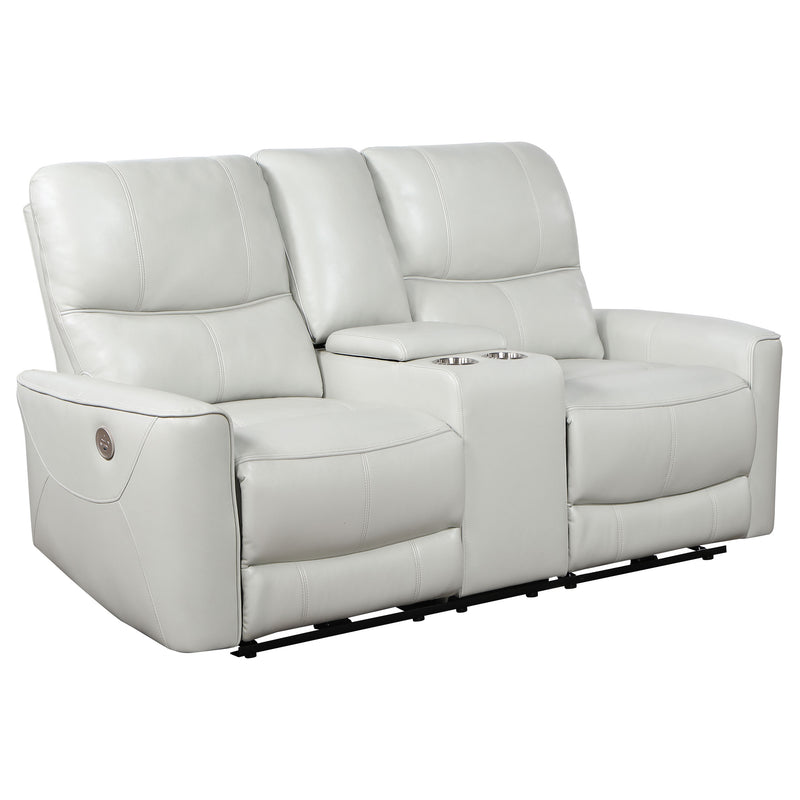 Denson Dove Grey Upholstered Power Reclining Loveseat with Console and USB Port