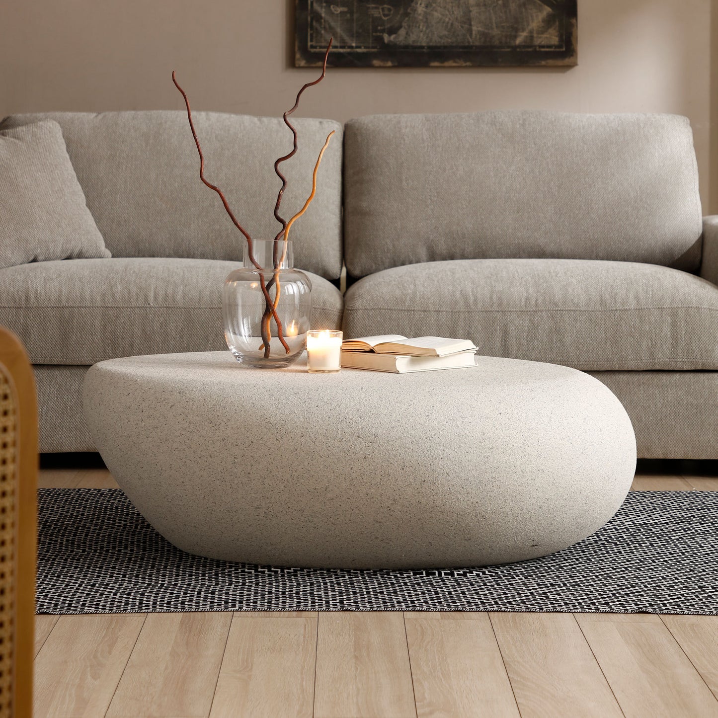 43.31''Fiberglass Elliptical Coffee Table for Living Room Vintage Table,Matte Rocks Table front of the Sofa, Irregular Center Table,No Need Assembly,Cream White