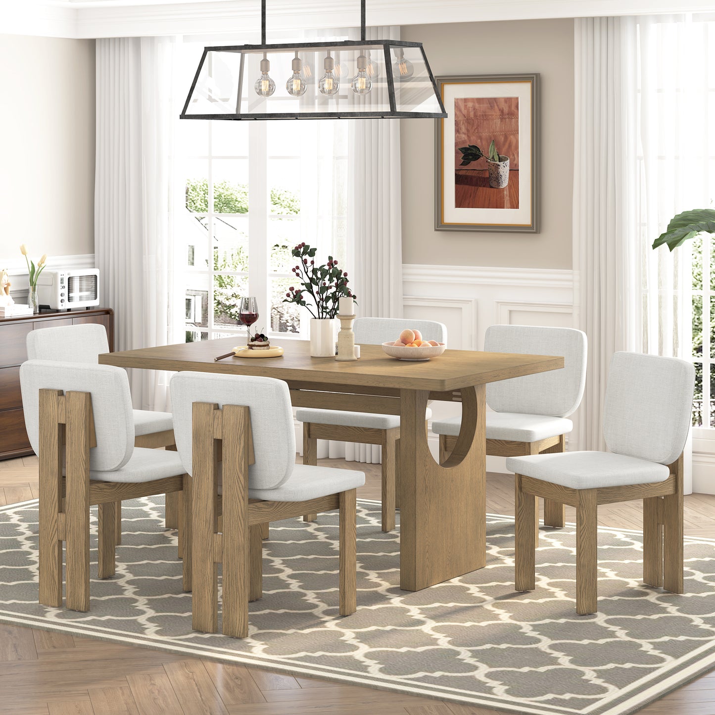 TREXM 7-Piece Retro Dining Table Set for 6, 60' Wood Dining Table Set for 6 with Upholstered Chairs and Designed Trestle Base for kitchen & Dining Room (Natural Wood Wash)