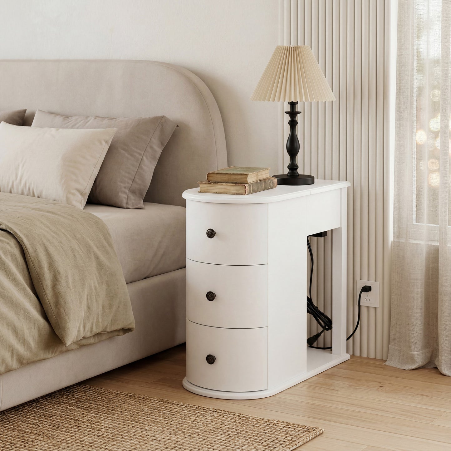 Modern End Table with Hidden Cup Holder Drawer, Charging Station & Pull-Out Side Table, Wooden Bedside Table with 2 Storage Drawers, Space Saving End Table for Bedroom & Living Room