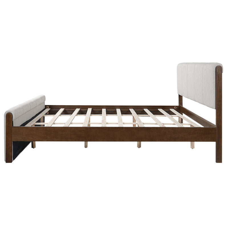 King Size Upholstered Bed Frame, Walnut Wood Trim with Grey Fabric, Pine Wood with MDF, 600 LBS Weight Capacity, Fits 8'-10' Mattress, No Box Spring Needed