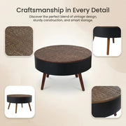 31.5-inch round coffee table with storage function, featuring an engraved tabletop, is an ideal beverage table for small spaces, serving as a modern-style accent side table suitable for living rooms,