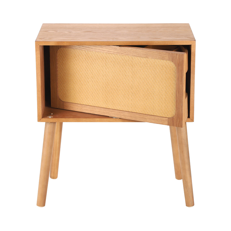 Rotating Hidden Compartment Nightstands, Mid Century Modern Concealment Furniture, Rattan Bed Side Table, Compartment End Table with Wood Legs, Bedside Tables for Bedroom, Living Room, Dorm, Natural