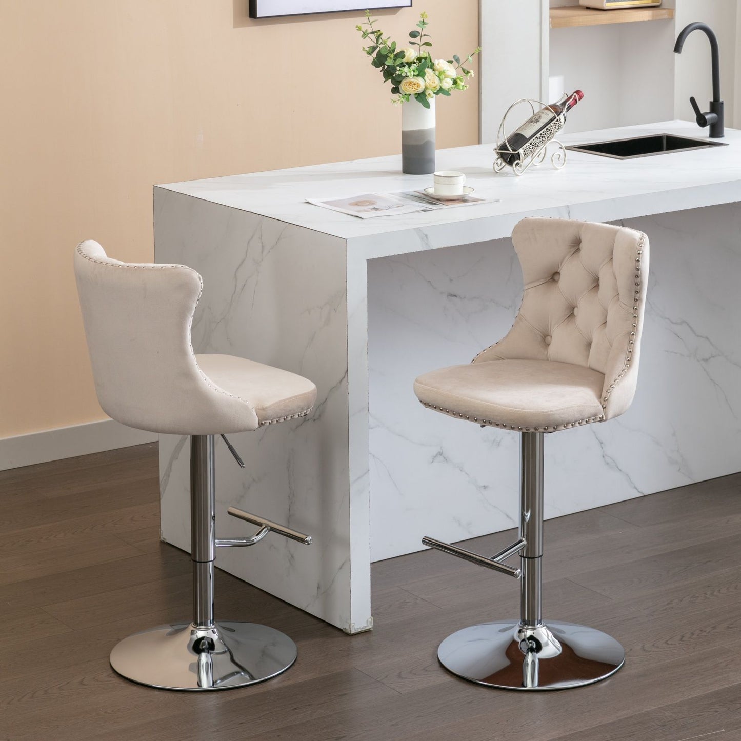 Swivel Barstools Adjusatble Seat Height From 25-33", Modern Upholstered Base Bar Stools With Backs Comfortable Tufted For Home Pub And Kitchen Island (Set of 2)