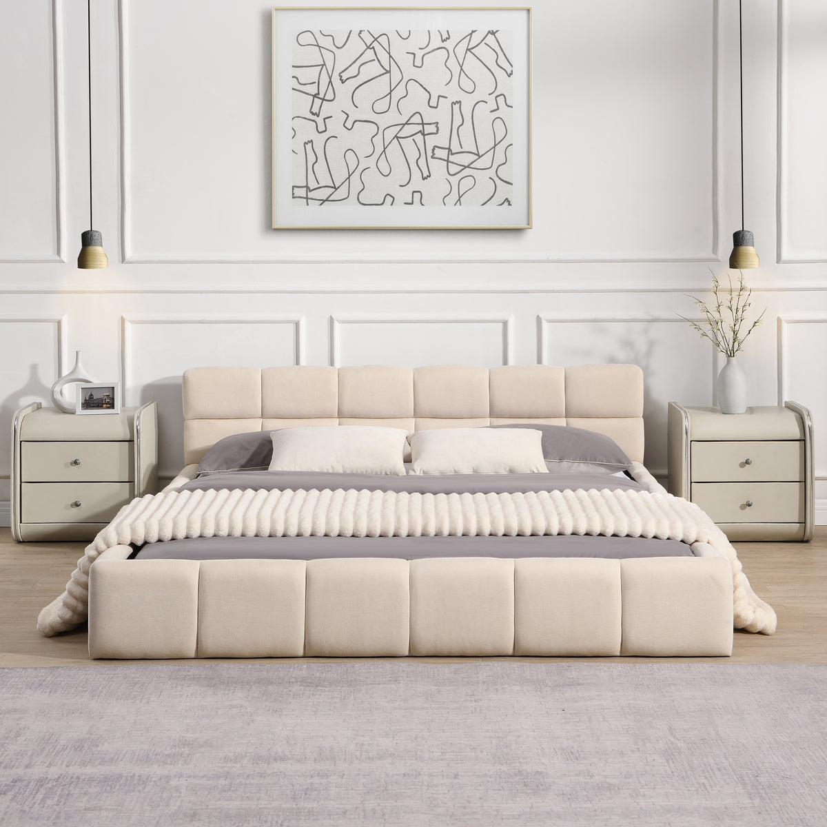 Elegant Beige Chenille Upholstered Bed with Checkerboard Design, Queen, Beige