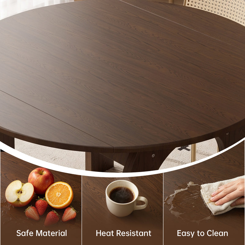 51.2' Solid Wood Extendable Dining Table Set with 6 Upholstered Chairs, 7 Piece Farmhouse Dinner Set with Walnut Finish & Arch Legs, Drop Leaf Converts Oval to Round for Small Spaces, Easy Assembly