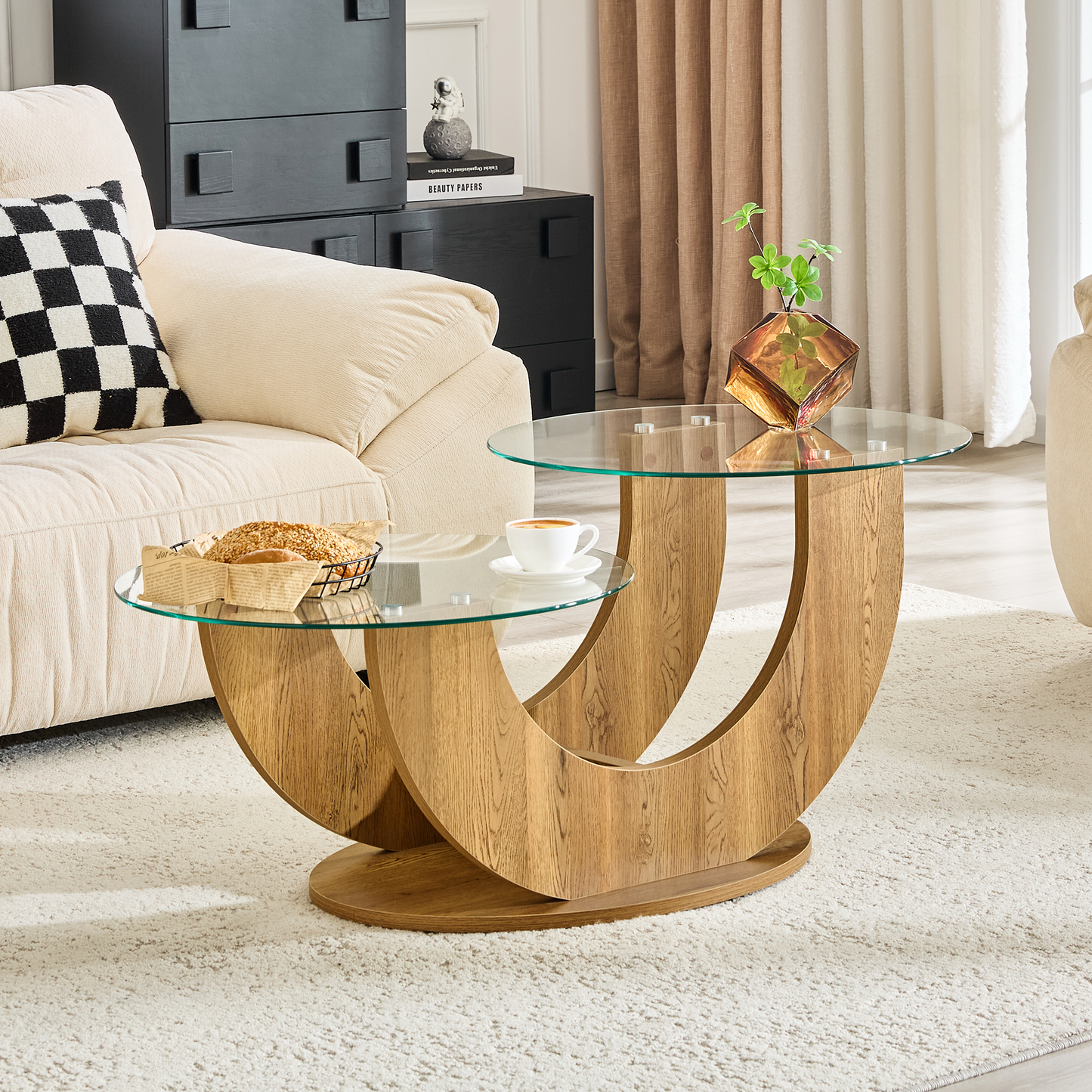 Creative U-Shaped Double-Tier Glass Coffee Table with Wood-Grain MDF Base: A Modern, Minimalist Living Room Side Table with Adjustable Height.