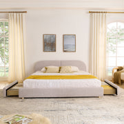 King Size Upholstered Bed Frame Modern Minimalist Style - Circle Yarn Fabric, Tall Curved Headboard, Sturdy Leg Support & Wheeled Drawer Storage, Mattress Not Included - Pink