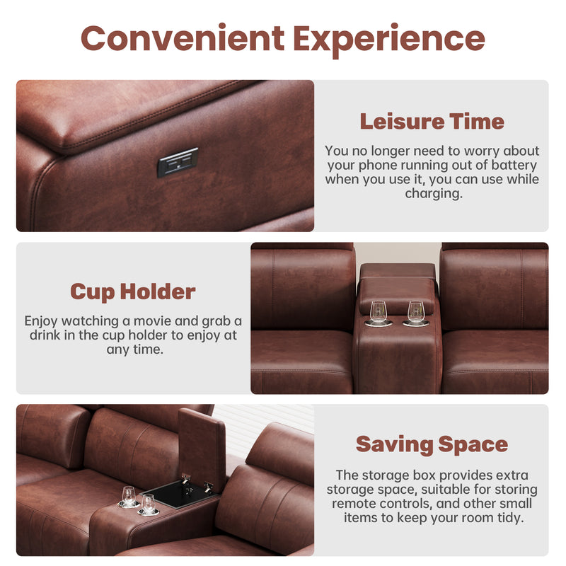 Power Recliner Sofa Set, 4-Seat Reclining Sectional Sofa with Adjustable Headrest &  Power Recline, Breathable Leather with Storage Console & USB Ports, Easy Assembly Living Room Furniture Sets