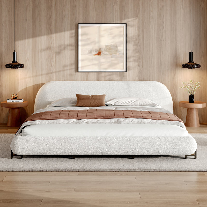 California King Size Bed Frame with Boucle Fabric, Upholstered Platform Bed with Curve-Shaped Design & Thick Headboard, White