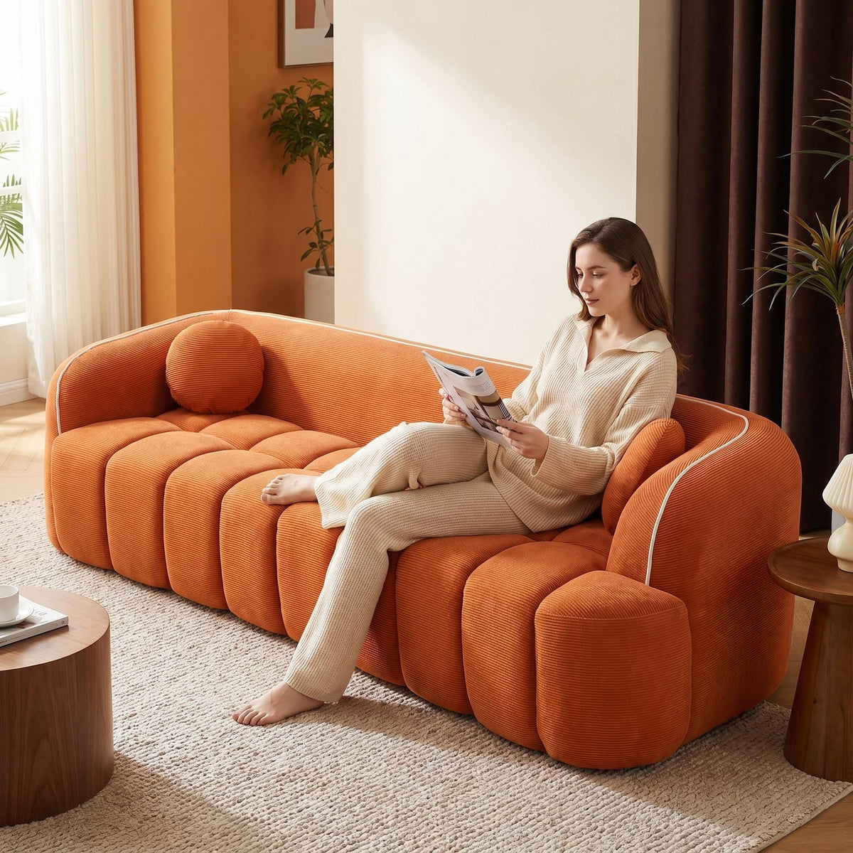 98.4' Modern Compressed Sofa, Cloud Couch 3-Seater Corduroy Sofa, No Assembly Required, Bubble Channel Tufted Couch with 2 Pillows, Comfy Deep Seat for Living Room, Apartment, Office