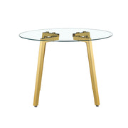 Table and chair set.Modern circular transparent tempered glass table, tempered glass tabletop, golden metal table legs.A Set of  6 Transparent Plastic Chairs with gold legs.
