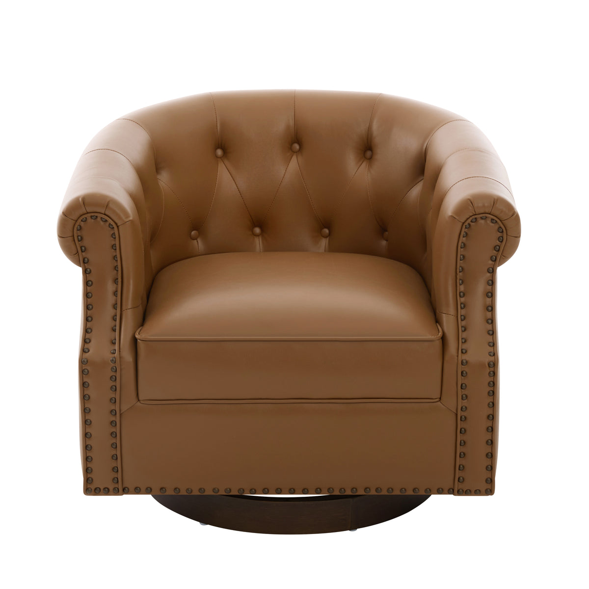 Brown 360° Swivel Accent Chair with PU Leather Upholstery and Bent Wood Base, Curved Back Club Chair for Living Room and Bedroom