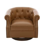Brown 360° Swivel Accent Chair with PU Leather Upholstery and Bent Wood Base, Curved Back Club Chair for Living Room and Bedroom