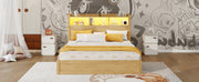 Queen Size Bed with Drawers, Wood Queen Bed with Storage Headboard and Pull Out Storage Cabinet, Wood Bed with Light and Socket,Natural(Expect Arrival Date 2626/7/30)