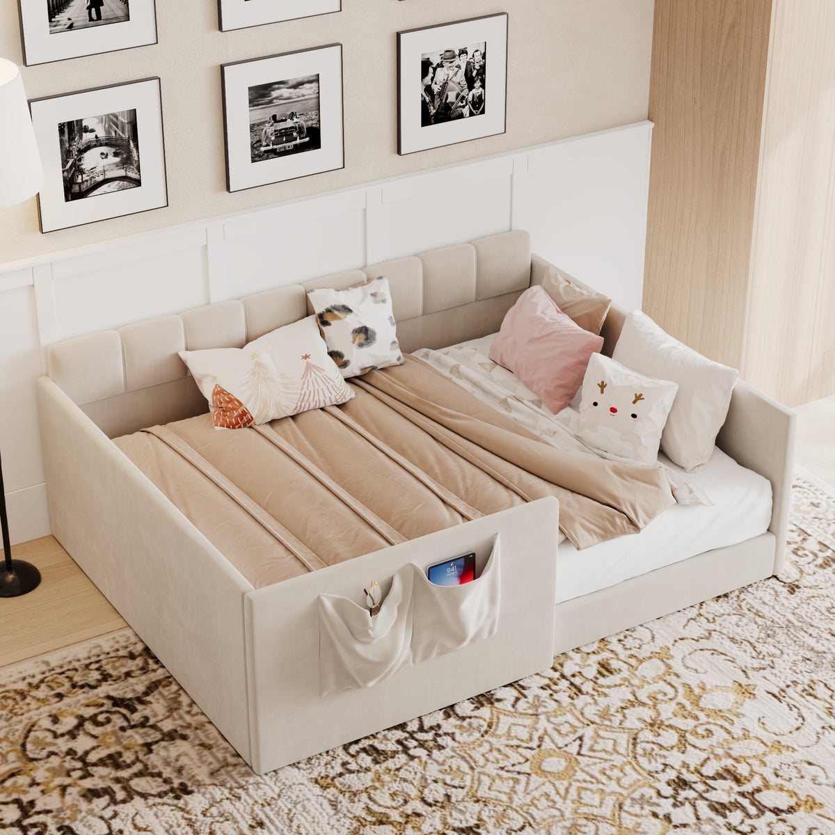 Full Size Daybed Velvet Upholstered Sofa Bed with High Side Panels and Side Entrance, Space-Saving Guest Bed with Storage Pockets, Beige