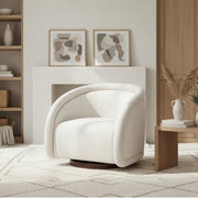 Sabbo Beige Bouclé Swivel Chair with Walnut-Finished Solid Wood Base