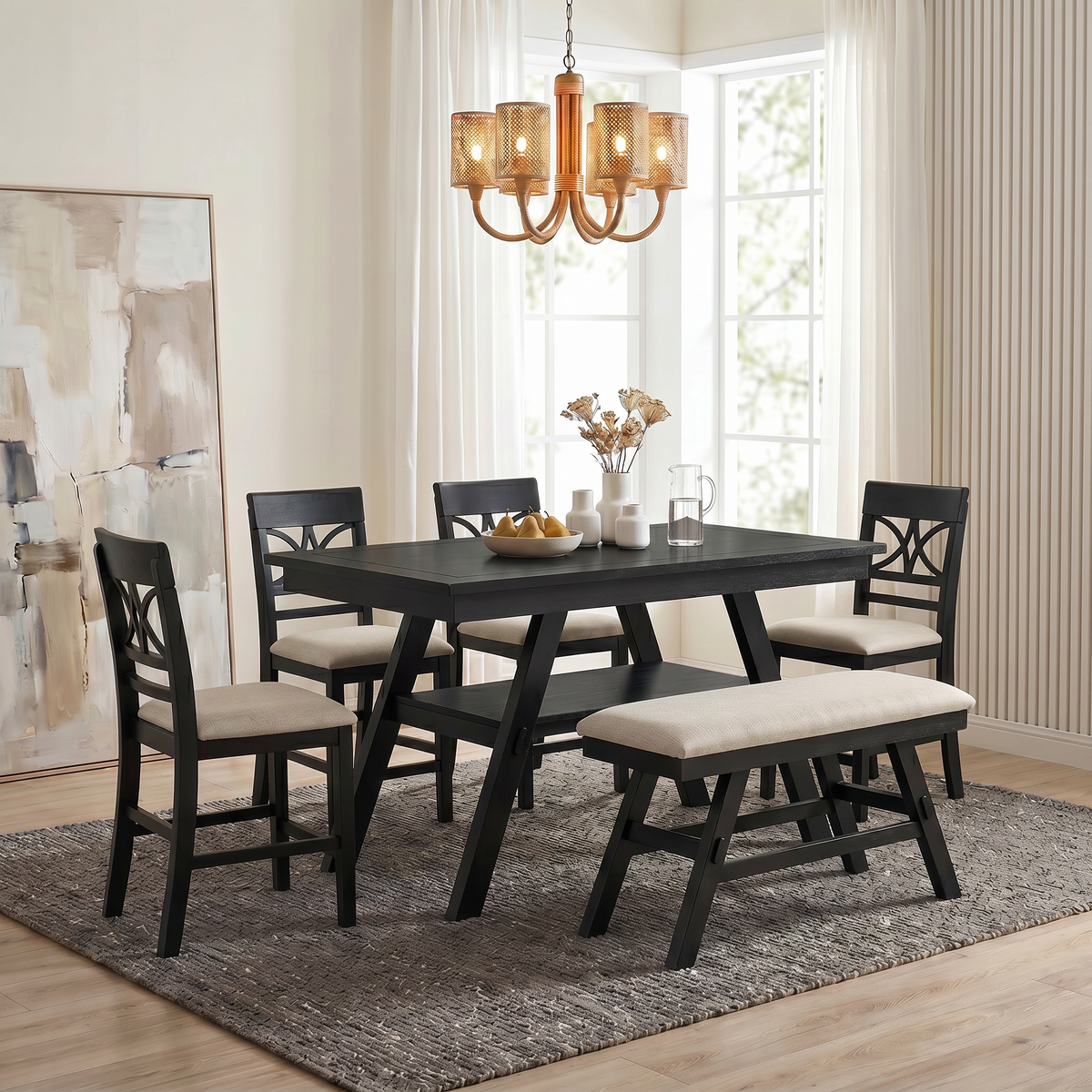 TOPMAX 6-Piece Wood Counter Height Dining Table Set with Storage Shelf, Kitchen Table Set with Bench and 4 Chairs,Rustic Style,Espresso+Beige Cushion (old sku: N717S000257AAP)