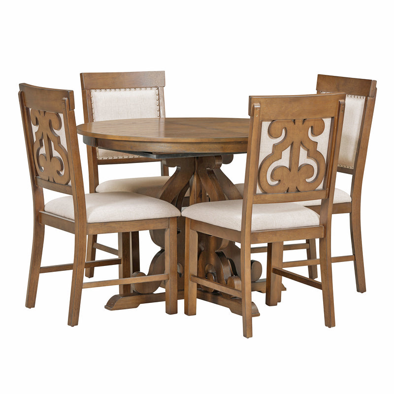 TREXM 5-Piece Retro Functional Dining Set, 1 Extendable Table with a 16-inch Leaf and 4 Upholstered Chairs for Dining Room and Kitchen (Walnut)