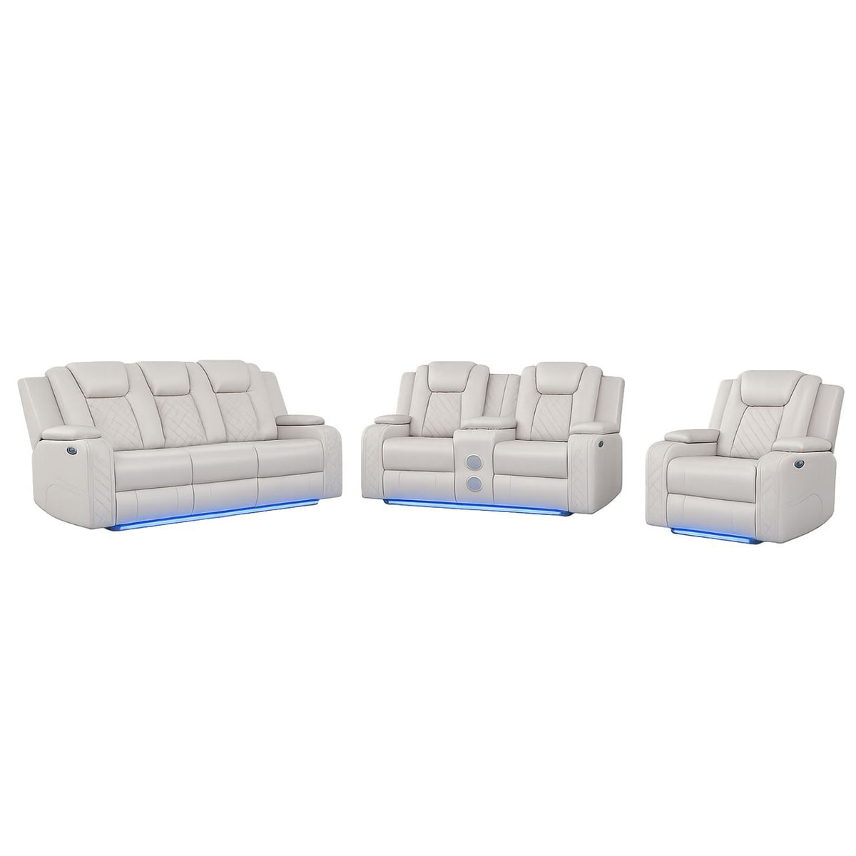BENZ LED & Power Recliner 3 PC in Ice Faux Leather with Adjustable Headrests and Ambient LED Lighting