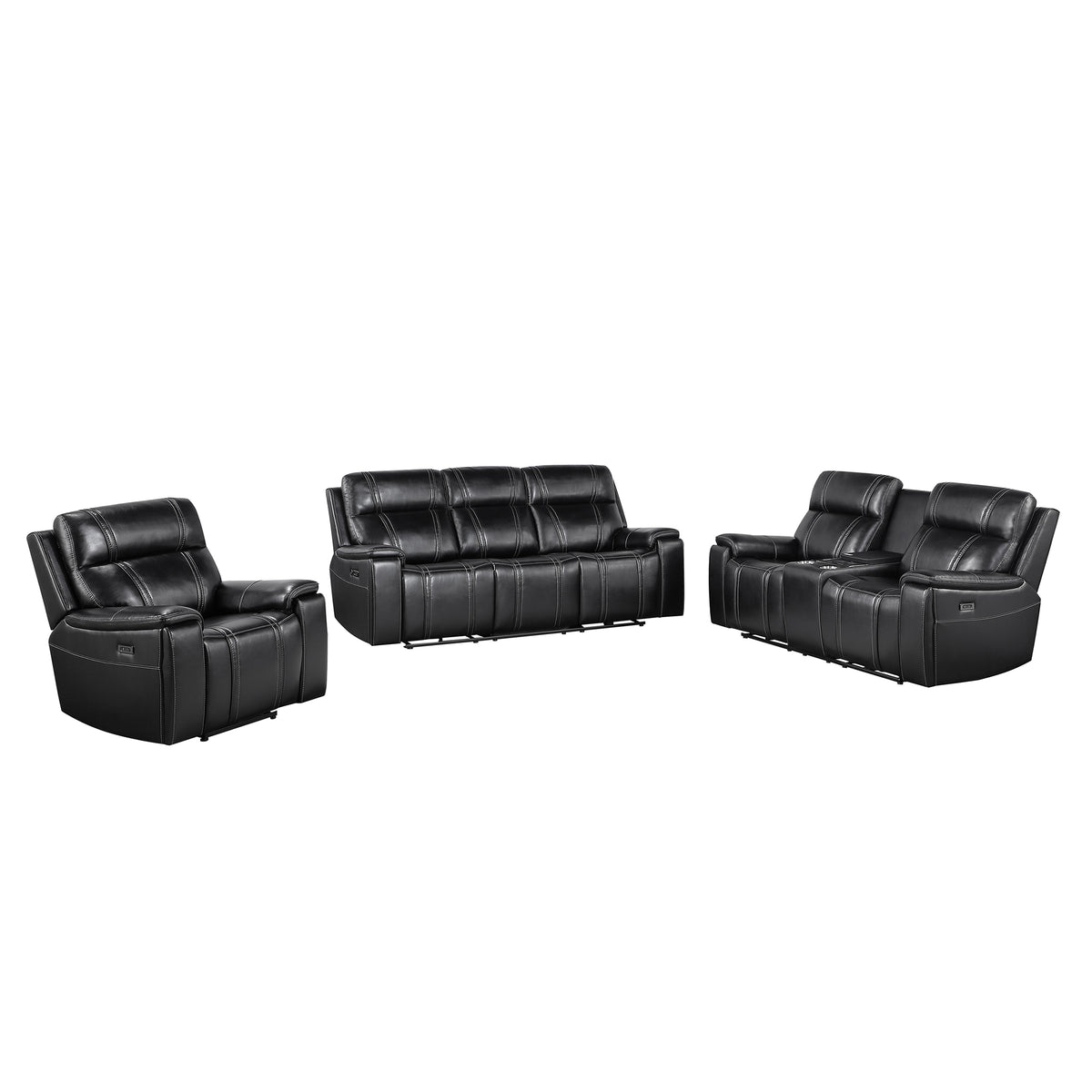 GARY BLACK LEATHER 3 PIECE POWER CONSOLE RECLINING LOVESEAT,SOFA AND RECLINER