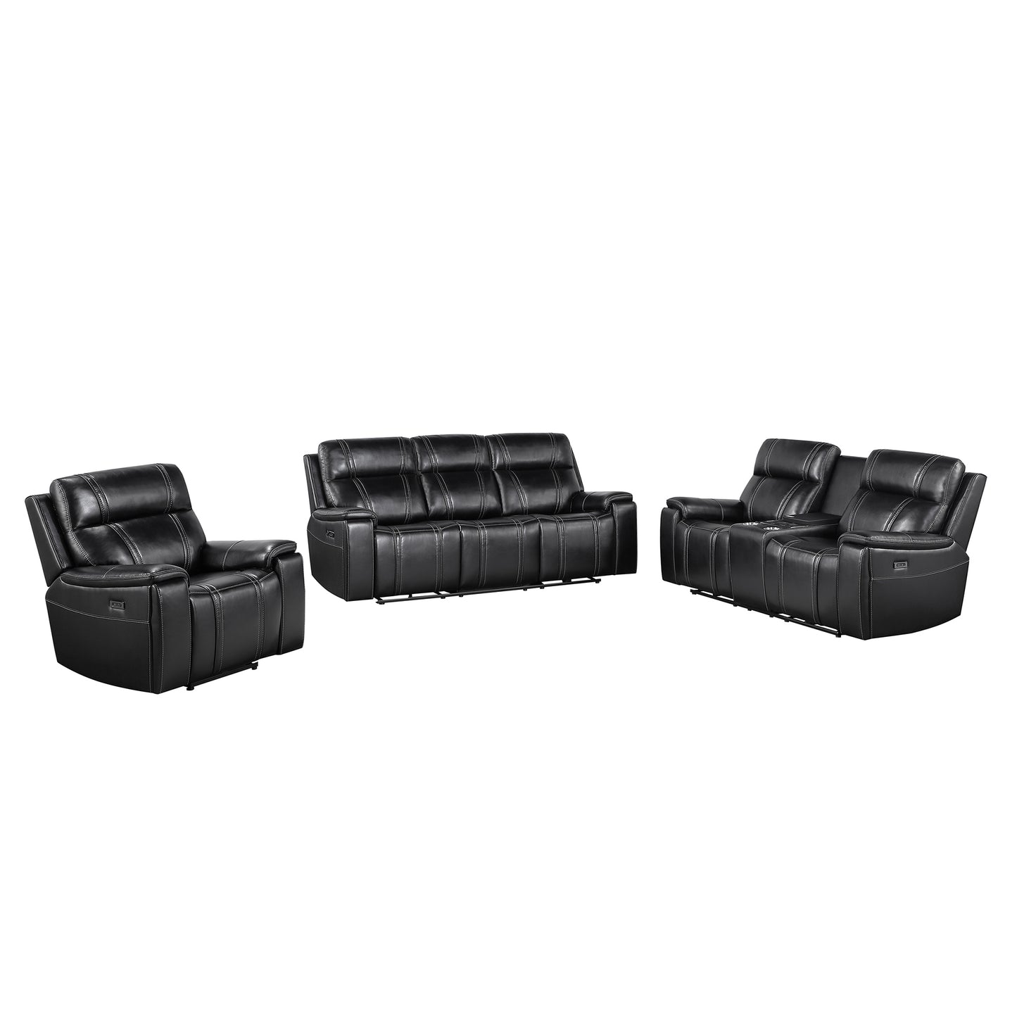 GARY BLACK LEATHER 3 PIECE POWER CONSOLE RECLINING LOVESEAT,SOFA AND RECLINER